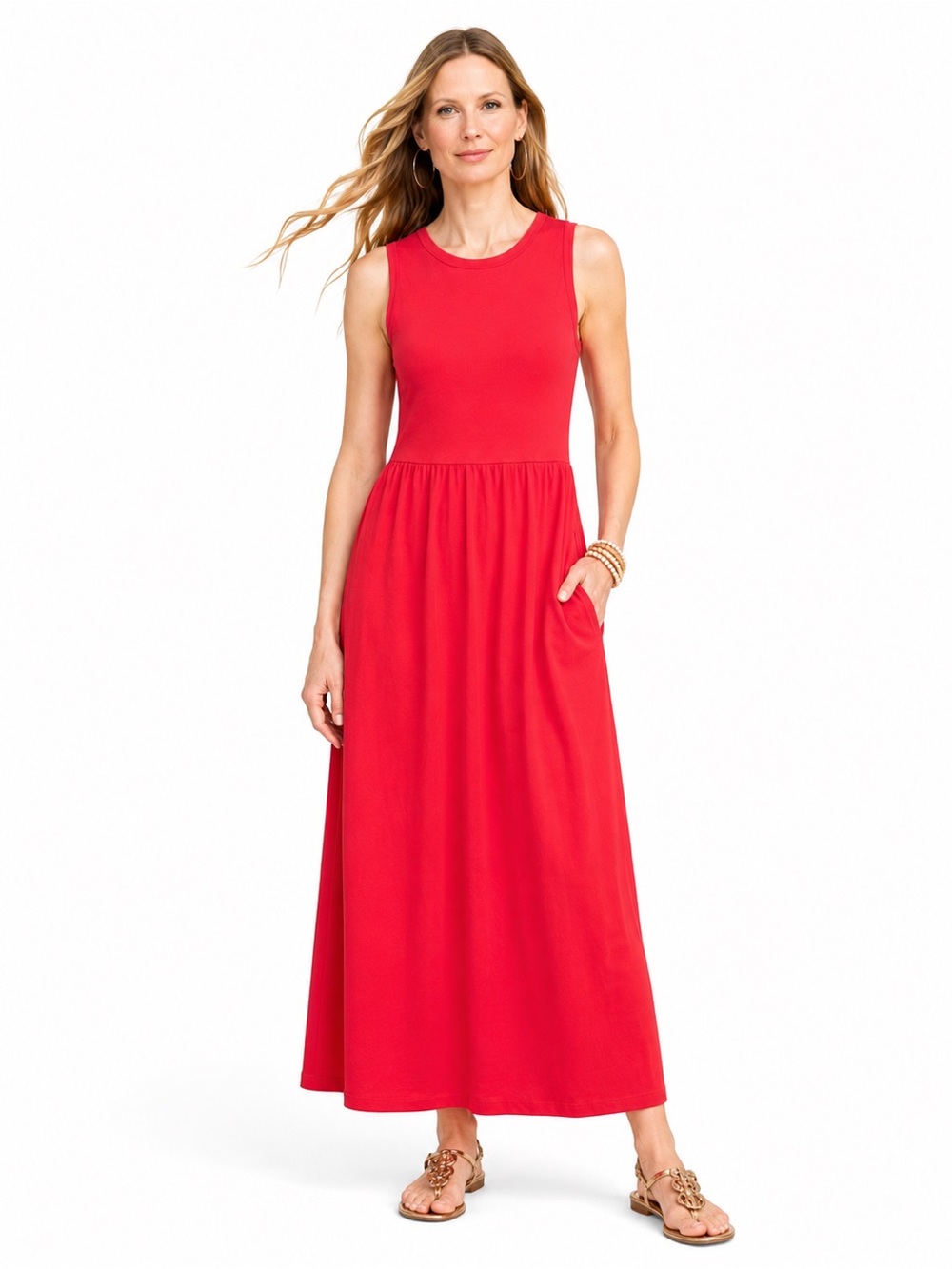 Chicos Red Sleeveless Flowy Maxi Dress Pockets Cotton Casual Boho Size 2 Large